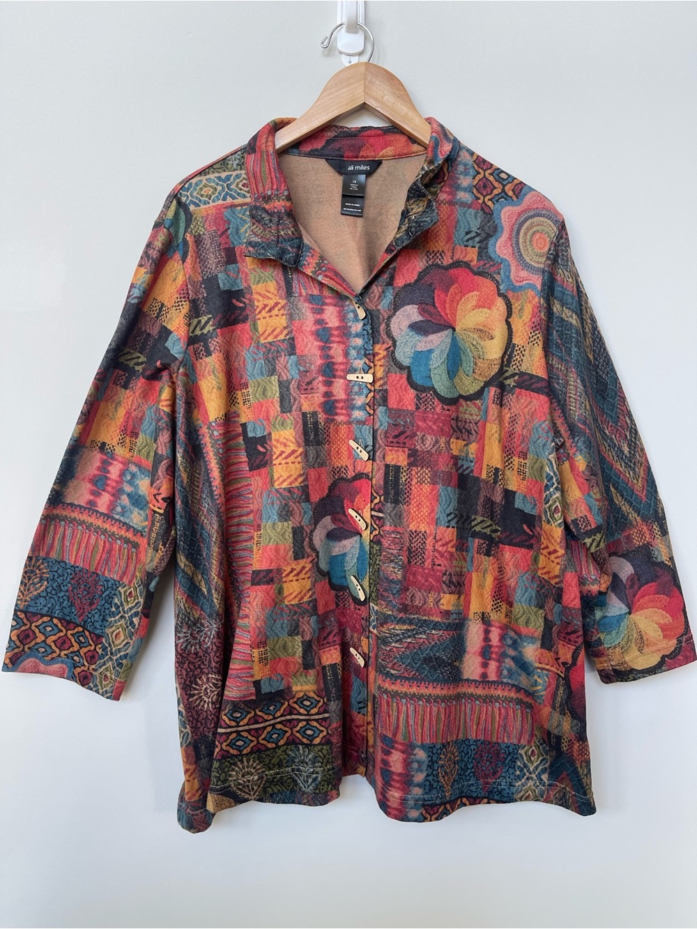 Ali Miles | Multicolor Button Front 3/4 Sleeve Tunic Top Art to Wear 1X